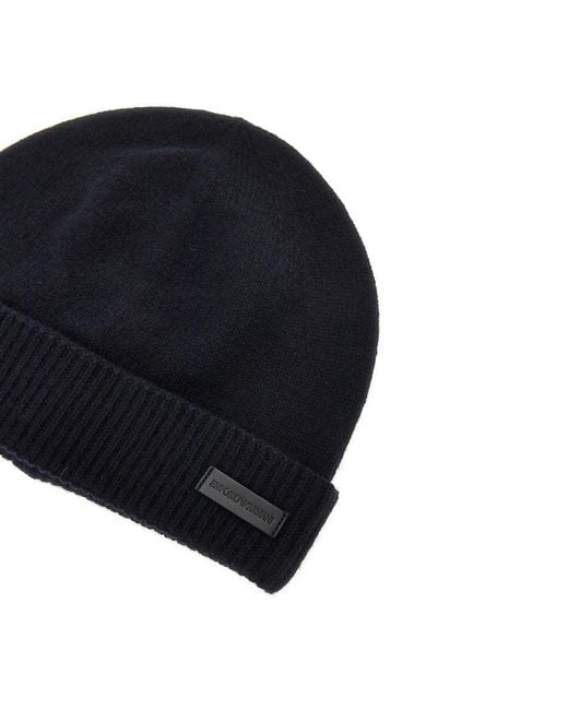 Emporio Armani Black Cashmere Beanie Hat With Leather Logo Patch for men