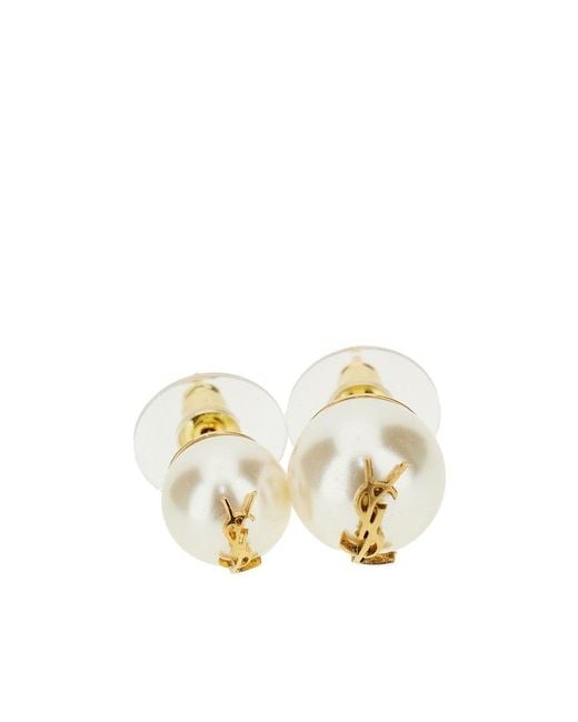Saint Laurent Metallic Asymmetrical Pearls Earrings With Logo