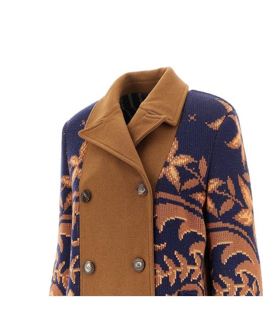 Etro Brown Bi-Material Double-Breasted Long Coat