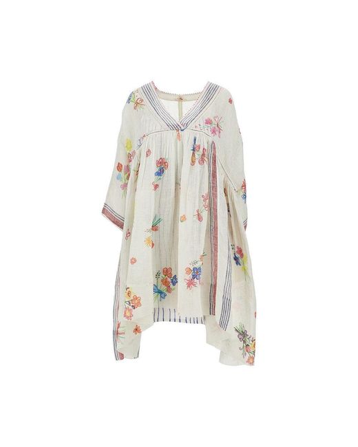 Péro White Floral Sketch Print Linen Dress