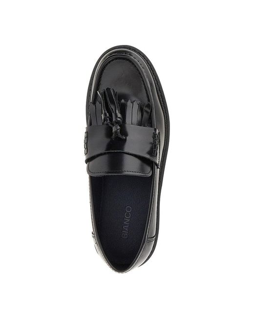 Bianco Black Leather Loafers With Tassels for men