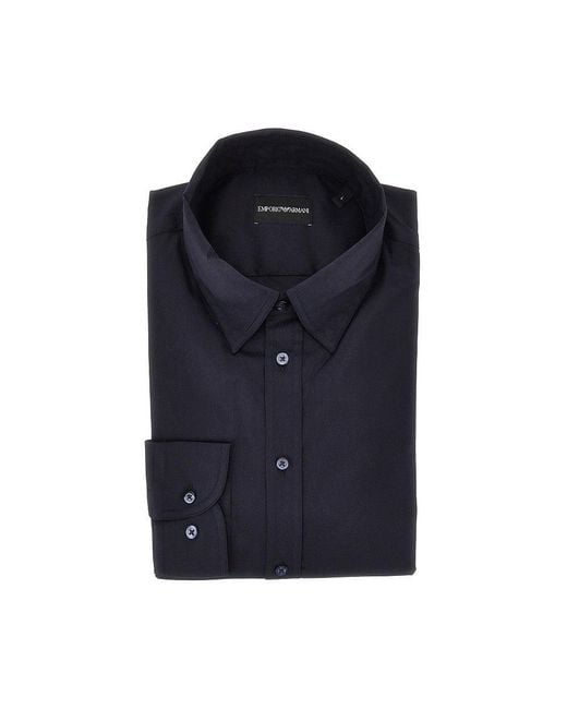 Emporio Armani Blue Cotton-Blend Technical Poplin Shirt for men