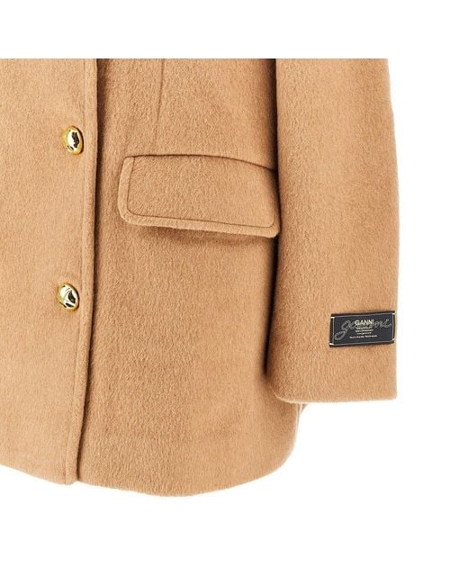 Ganni Natural Wool-Blend Oversized Double-Breasted Peacoat