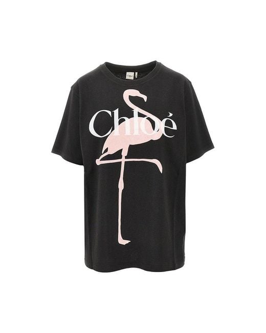 Chloé Black Flamingo Print Relaxed Fit T-Shirt