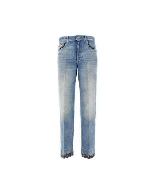 Valentino Blue Jeans With Floral Fabric Trimmings