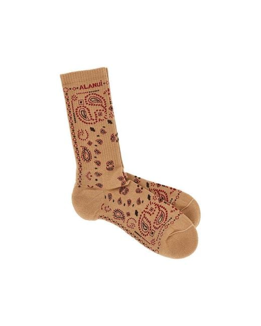 Alanui Brown Cotton-Blend Socks With Bandana Motif