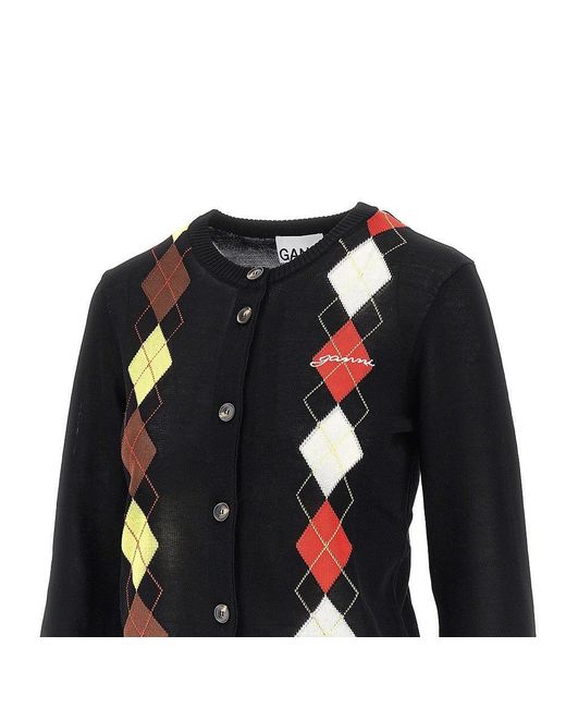 Ganni Black Knitted Cardigan With Diamond Motif