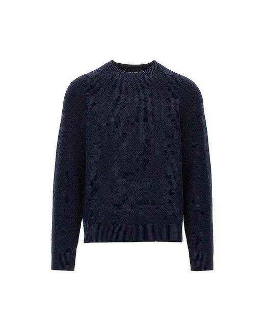 Emporio Armani Blue Knitted Sweater With Diamonds Motif for men