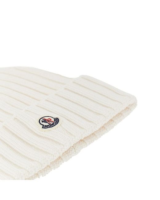 Moncler Natural Wool Beanie Hat With Logo Patch