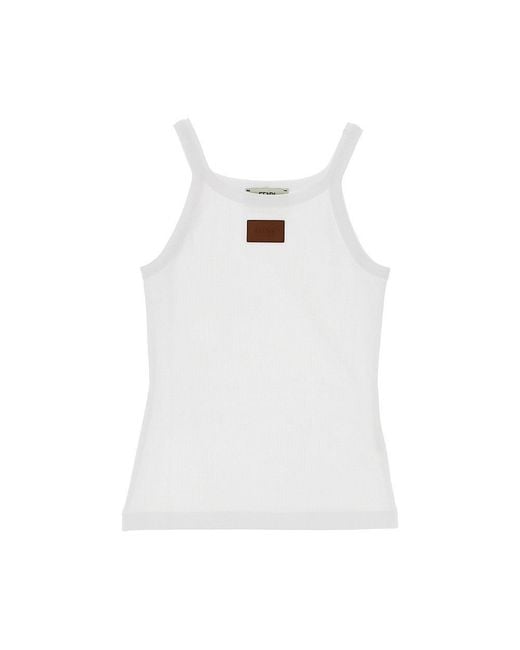Fendi White Ribbed Tank Top With Leather Patch