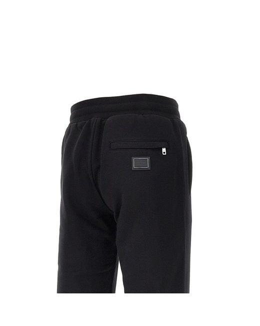 Dolce & Gabbana Black French Terry Pants With Logo Plate for men