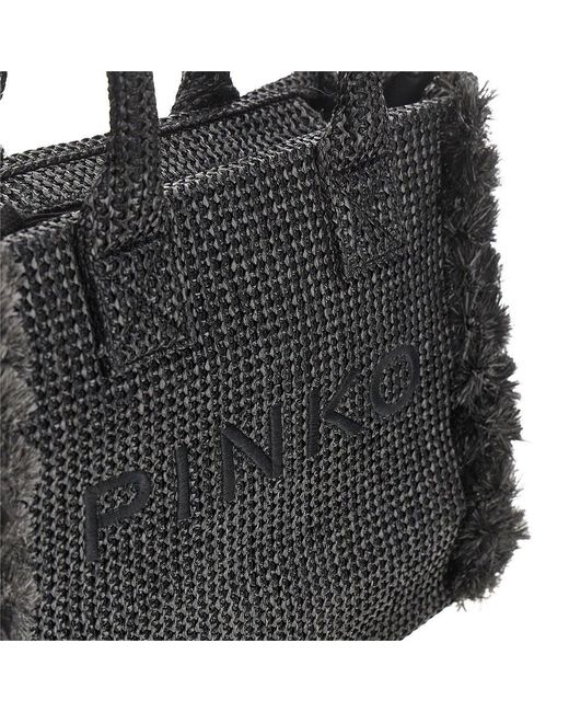 Pinko Black Faux Raffia Shopping Bag With Logo