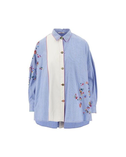 Péro Blue Embroidered Oversized Shirt