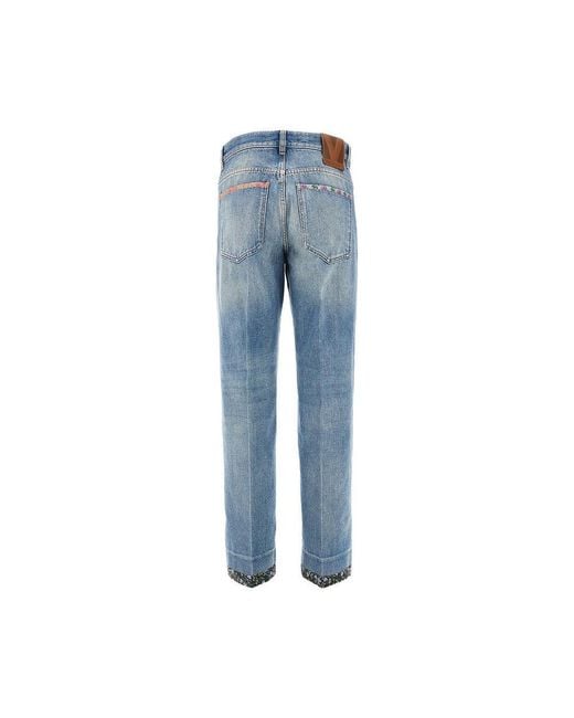 Valentino Blue Jeans With Floral Fabric Trimmings