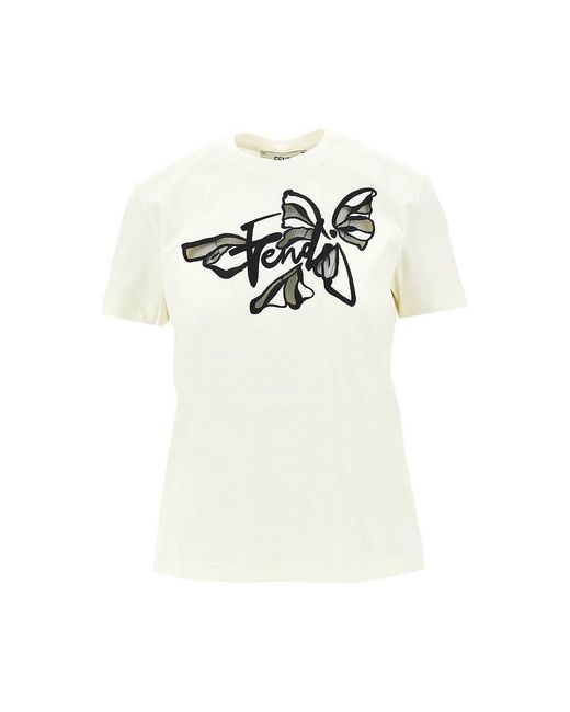 Fendi White Logo Embroidery T-Shirt With Tulle Inserts