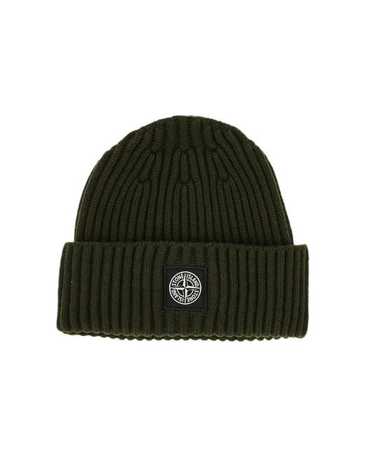 Stone Island Green Wool Beanie Hat With Logo Patch Kids