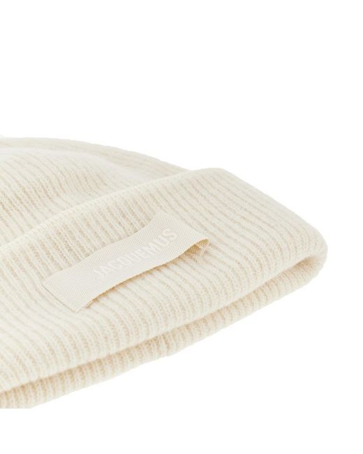Jacquemus Natural Knitted Beanie Hat With Gros-Grain Logo for men