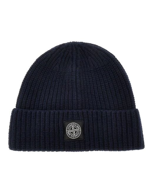 Stone Island Blue Wool Beanie Hat With Logo Patch for men