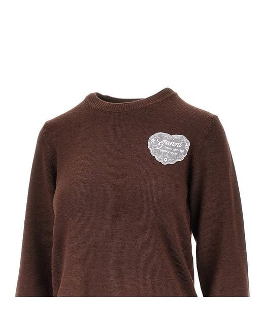 Ganni Brown Knitted Sweater With Lace Logo