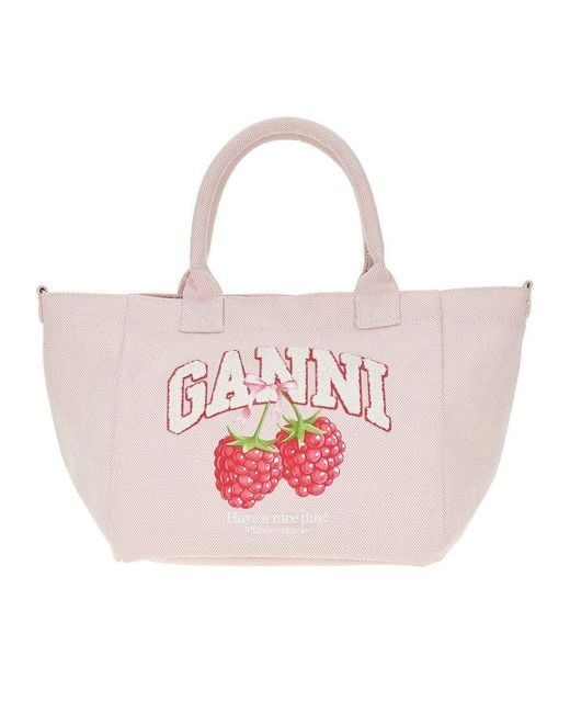 Ganni Pink Shopping Bag With Raspberries Print