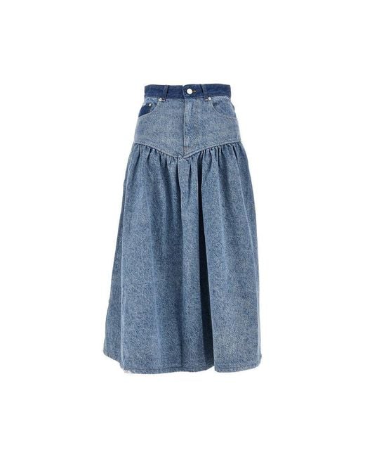 Ganni Blue Cotton Denim Long Skirt