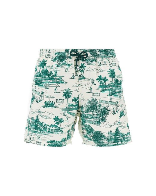 Mc2 Saint Barth Green 'Tennis Toile' Print Swim Shorts for men