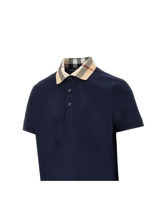 Burberry Blue Piquet Polo Shirt With Check Collar for men