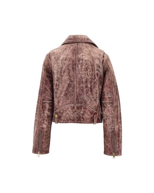DIESEL Brown Vintage-Effect Leather Biker Jacket