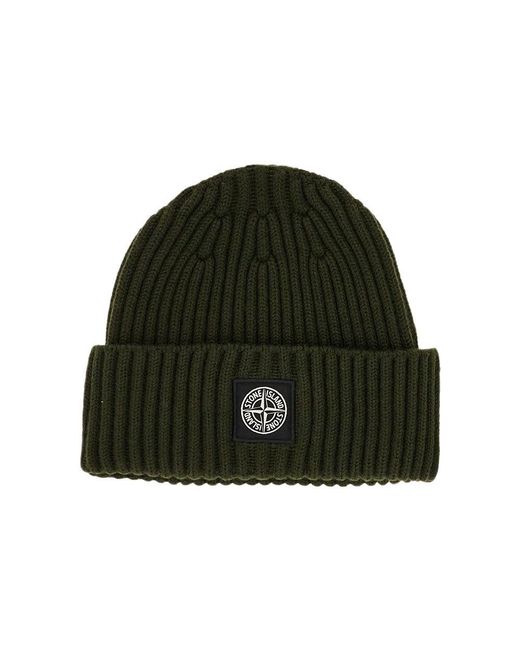 Stone Island Green Wool Beanie Hat With Logo Patch Kids for men