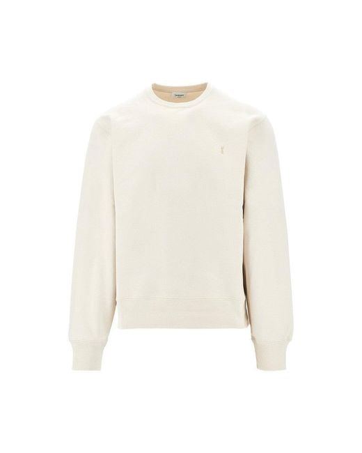 Saint Laurent White Cassandre Embroidery Crewneck Sweatshirt for men