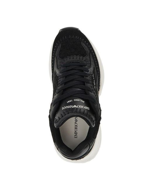 Emporio Armani Blue Knitted Sneakers With Faux Leather Details