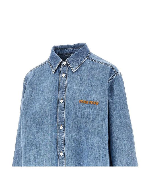 Miu Miu Blue Logo Embroidery Chambray Denim Shirt