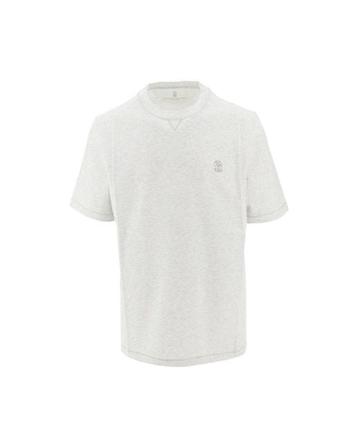 Brunello Cucinelli White Logo Embroidery T-Shirt for men