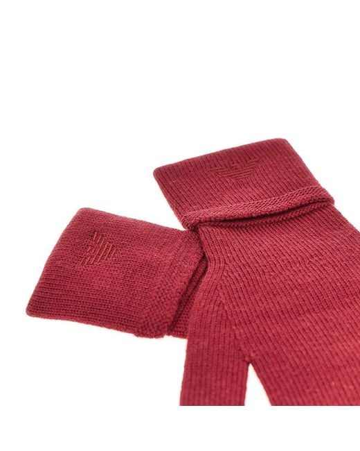 Emporio Armani Red Wool Gloves With Eagle Embroidery