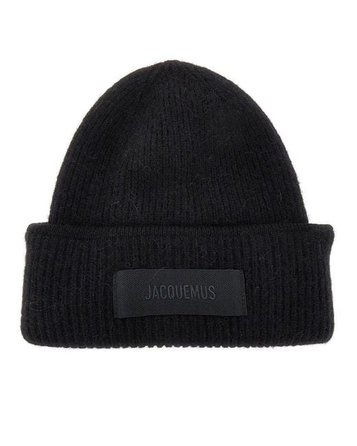 Jacquemus Black Knitted Beanie Hat With Gros-Grain Logo for men