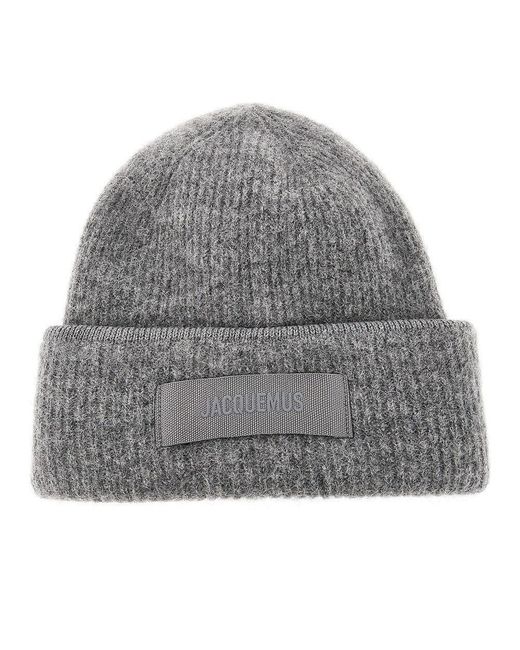 Jacquemus Gray Knitted Beanie Hat With Gros-Grain Logo for men