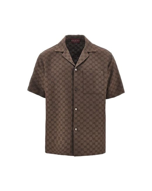 Gucci Brown Gg Linen-Blend Bowling Shirt for men
