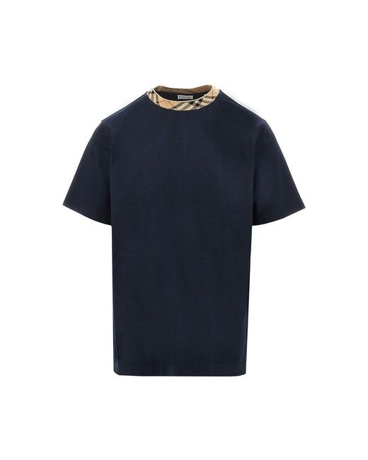 Burberry Blue Cotton T-Shirt With Check Crewneck for men