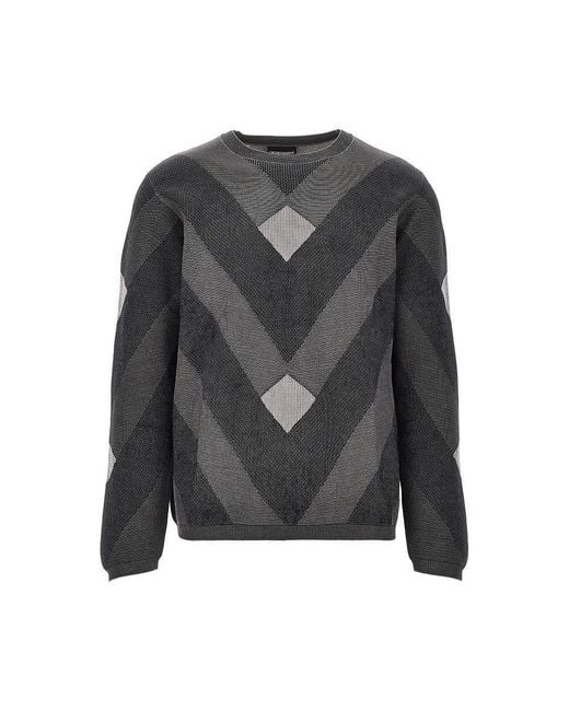 Emporio Armani Gray Cotton Sweater With Jacquard Motif for men