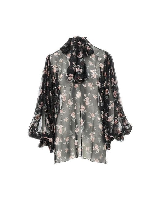 Dolce & Gabbana Gray Vintage Roses Print Chiffon Blouse