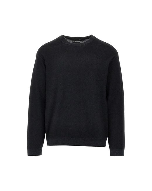 Emporio Armani Black Garment Dyed Wool Crewneck Sweater for men