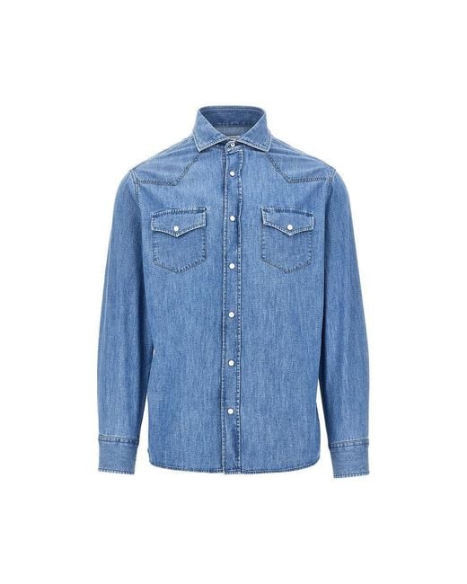 Brunello Cucinelli Blue Cotton Denim Shirt for men
