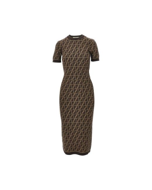 Fendi Brown Ff Jacquard Knit Midi Dress