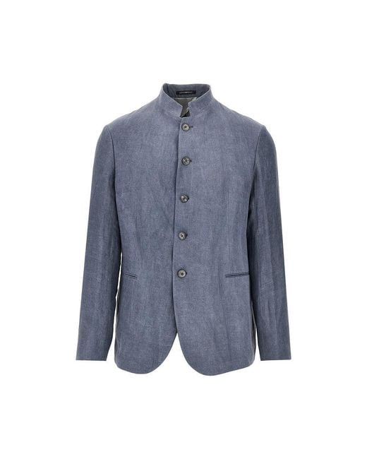Emporio Armani Blue Linen-Blend Crepe Jacket With Guru Collar for men