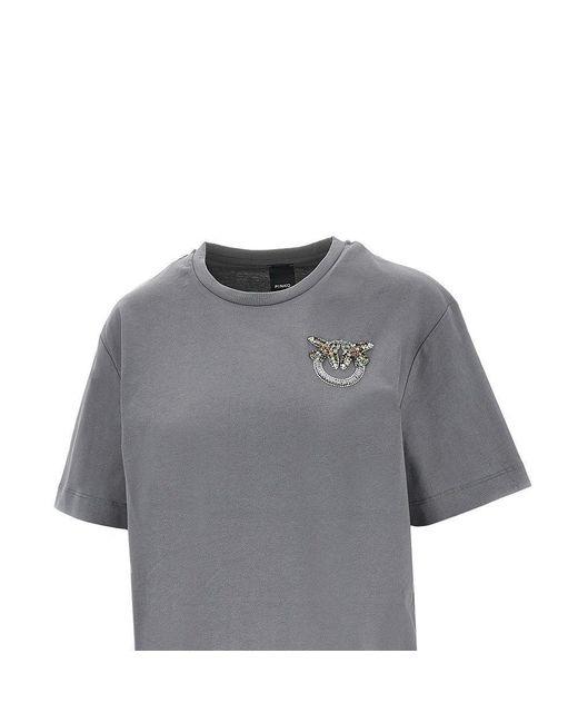Pinko Gray Jewelled Logo Embroidery T-Shirt