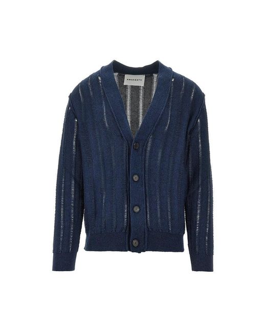 Amaranto Blue Open-Knit Striped Cotton Cardigan for men