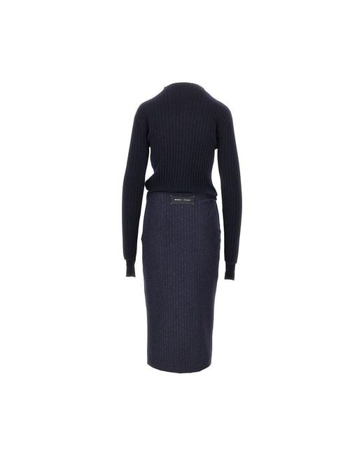 Pinko Blue Knitted Midi Skirt With Pinstriped Skirt