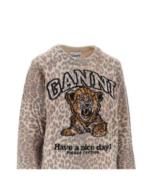 Ganni Gray Wool-Blend Sweater With Leopard Motif