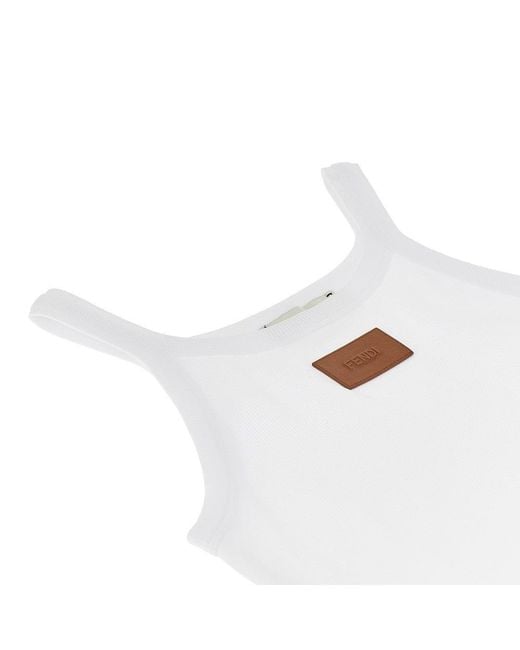 Fendi White Ribbed Tank Top With Leather Patch
