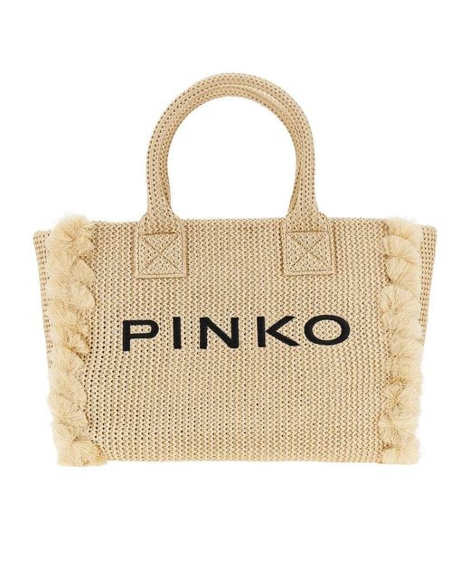 Pinko Natural Faux Raffia Shopping Bag With Logo